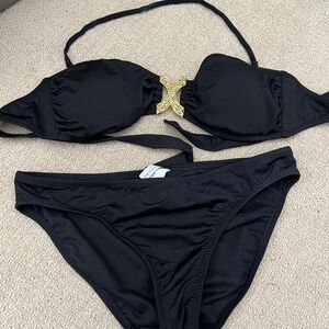 Trina Turk Black Bikini Set Gold Hardware Halter Top & Mid-Rise Bottoms Size 8